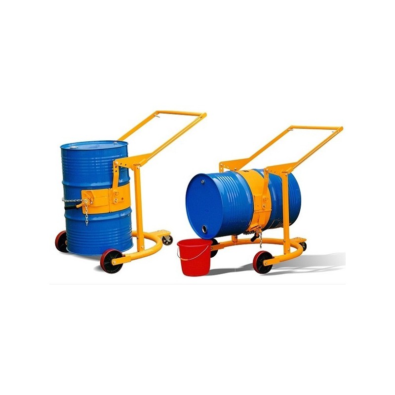 Vista general del carro basculante para barriles en acero 400kg