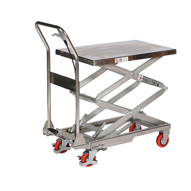Vista delantera de la mesa elevadora INOX 304 plataforma medio-alta
