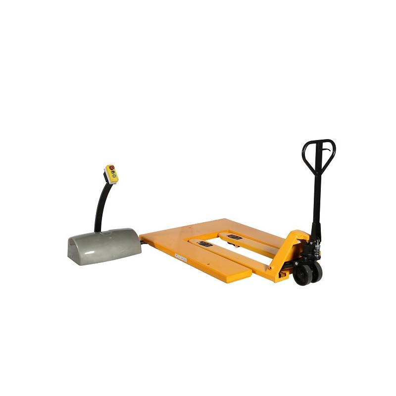 Mesa elevadora en U 1000kg 220V plataforma baja y una transpaleta