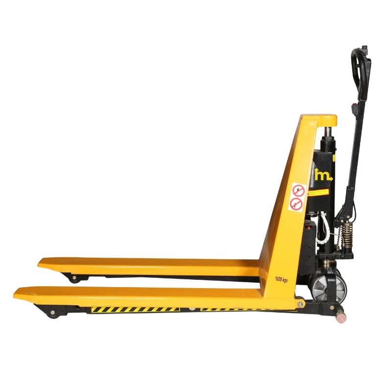 Vista de perfil del transpaleta eléctrica 1000 kg horquilla baja