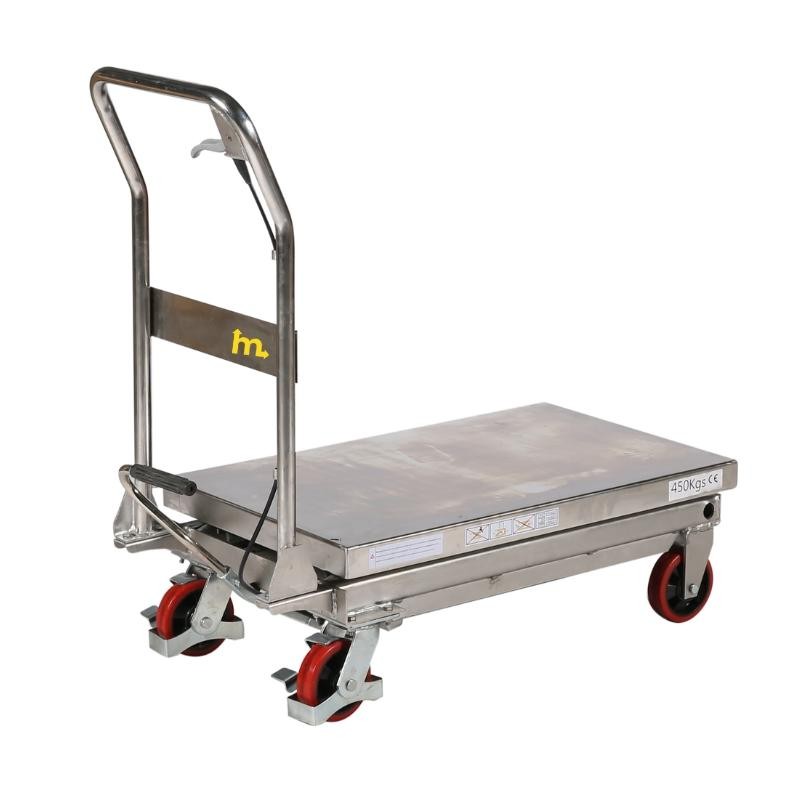 Vista de medio perfil de la mesa elevadora inoxidable 450 kg plataforma baja
