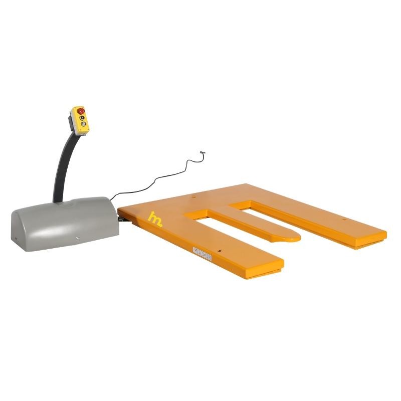 Vista desde 3/4 de la Mesa elevadora en E 220V en posición baja sin carga