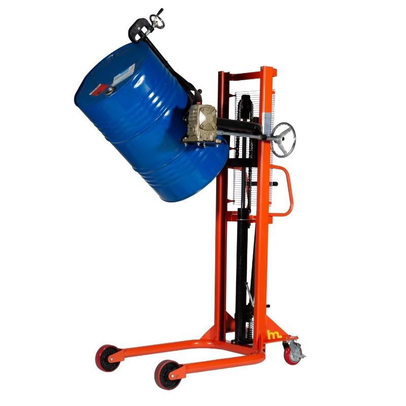 Apilador volteador de barriles 350kg con barril posición alta vista desde 3/4