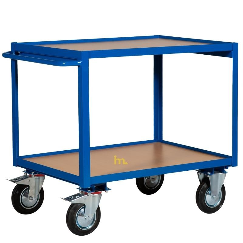 Vista general del Carrito de taller con 2 bandejas de madera de 1000 x 700 mm y capacidad de carga de 300 kg.