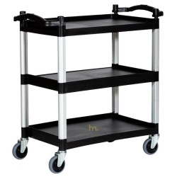 Vista desde 3/4 del carrito con 3 bandejas de polipropileno.