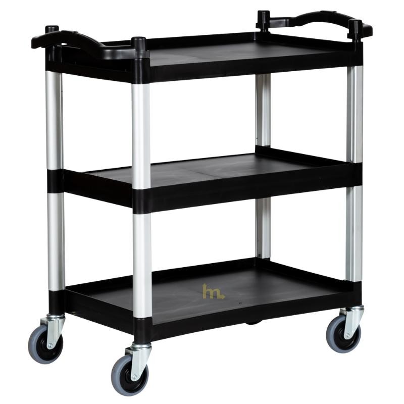 Vista desde 3/4 del carrito con 3 bandejas de polipropileno.