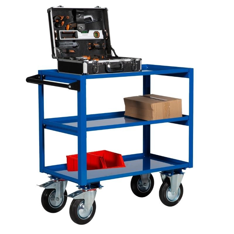 Carro de servicio 3 bandejas de acero 350kg - vista desde 3/4 con objetos
