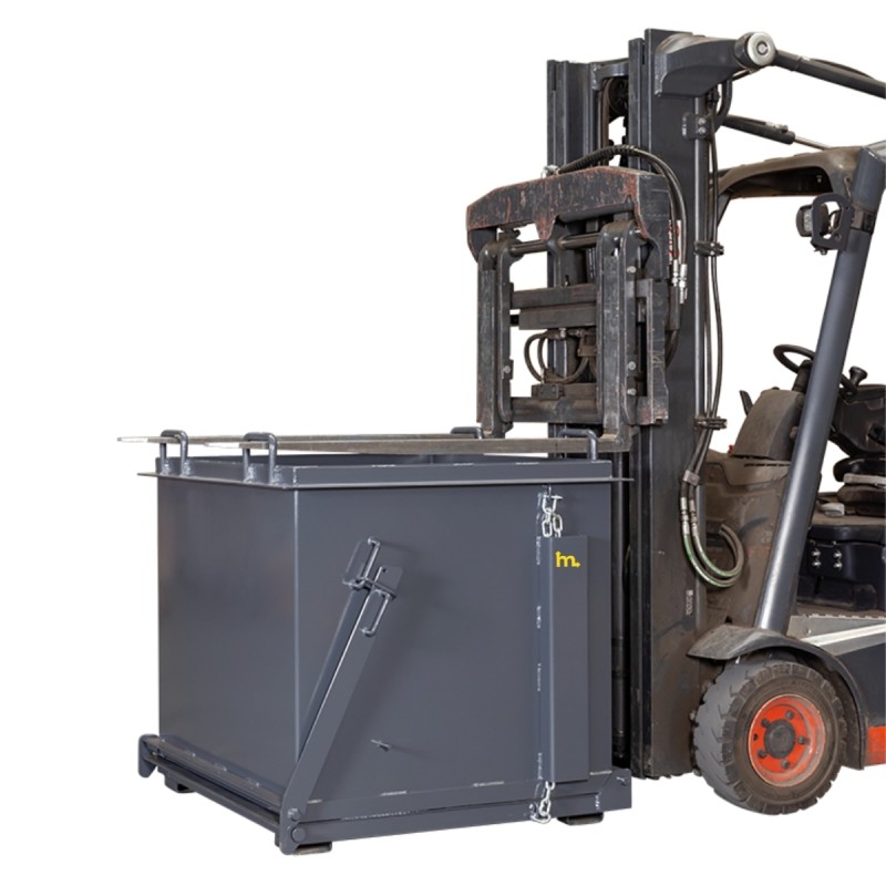 Vista de 3/4 de la tolva con descarga inferior 1100l - posición baja con carretilla elevadora