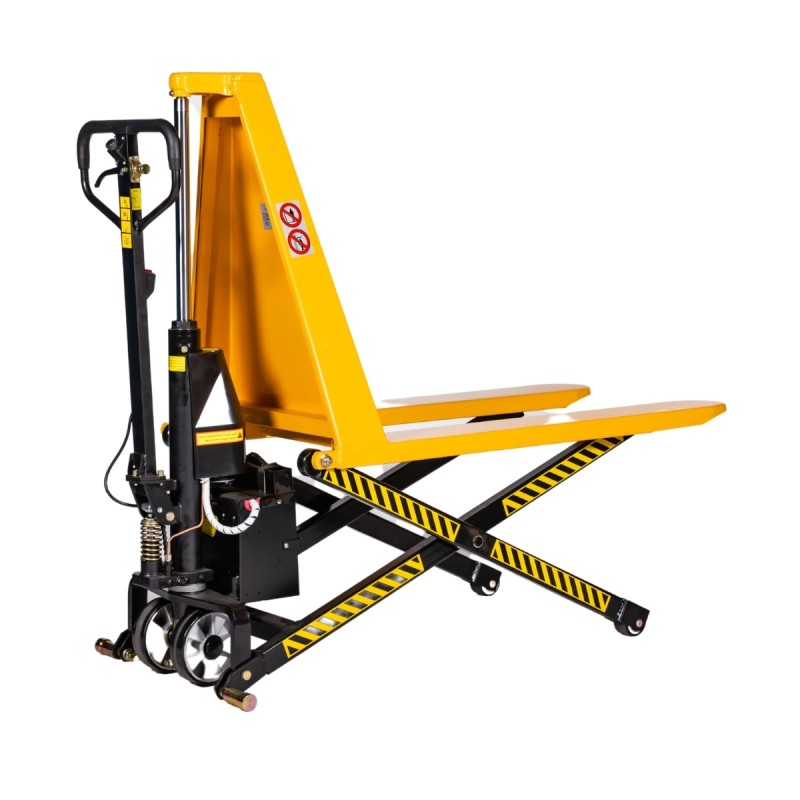 Vista desde 3/4 de la Transpaleta Eléctrica Elevadora Monocilíndrica Capacidad 1500 Kg - 680 Mm De Ancho horquillas levantadas
