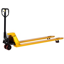 Vista desde 3/4 de la Transpaleta manual 1500 kg perfil bajo 52 mm, horquillas 1800 mm con las horquillas levantadas