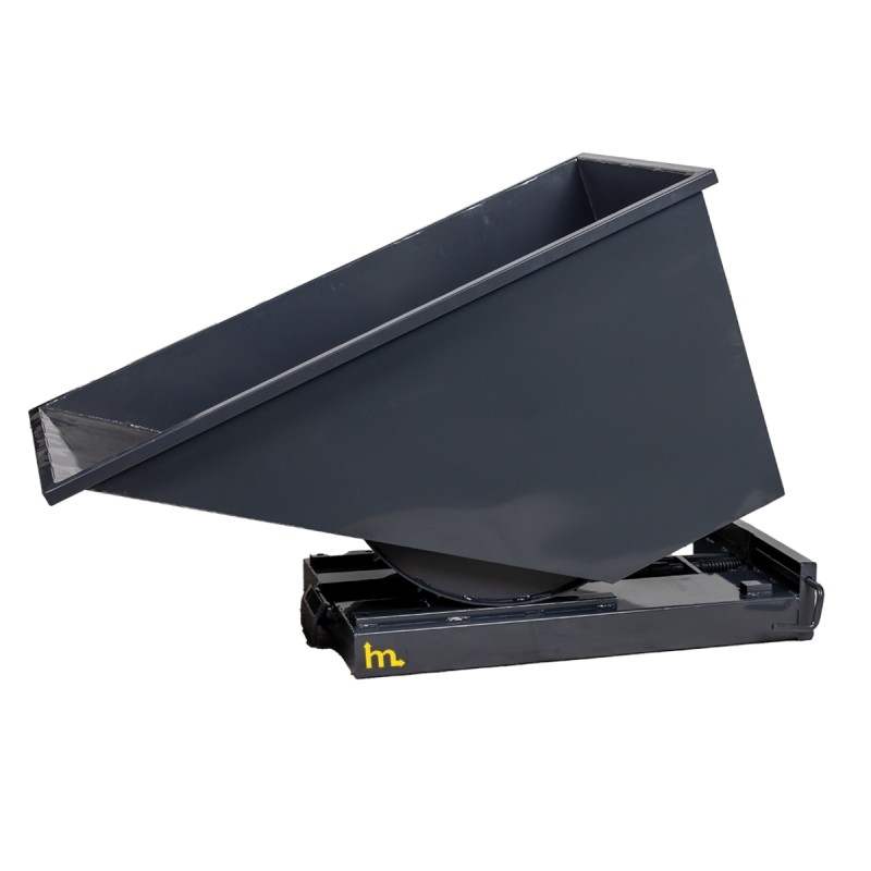 Vista de 3/4 de la tolva autobasculante gris 600L en proceso de balanceo