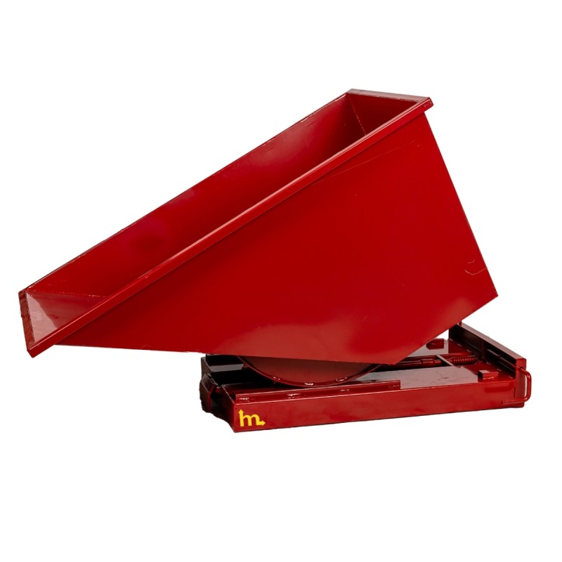 Vista de 3/4 de la tolva autobasculante roja 600L en proceso de balanceo