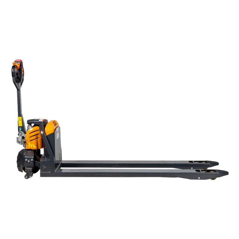 Vista de perfil de la transpaleta eléctrica de litio 40Ah horquillas 1800mm