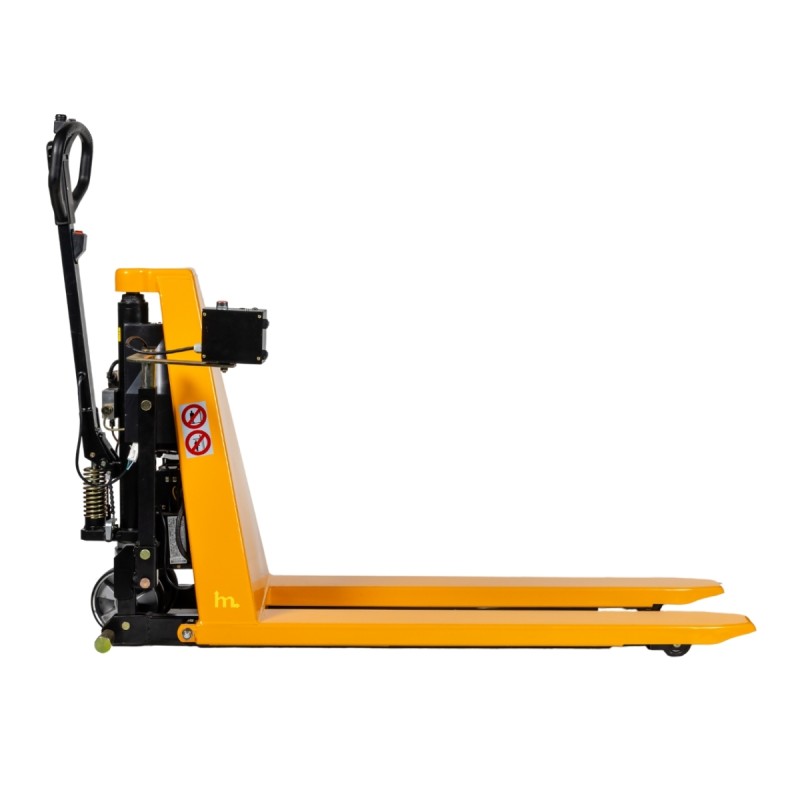 Vista de perfil de la transpaleta elevadora con nivel constante 1500kg - posición baja