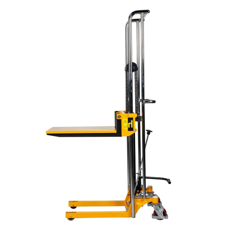 Vista de perfil del apilador manual 400kg 1700mm con plataforma medio-alta