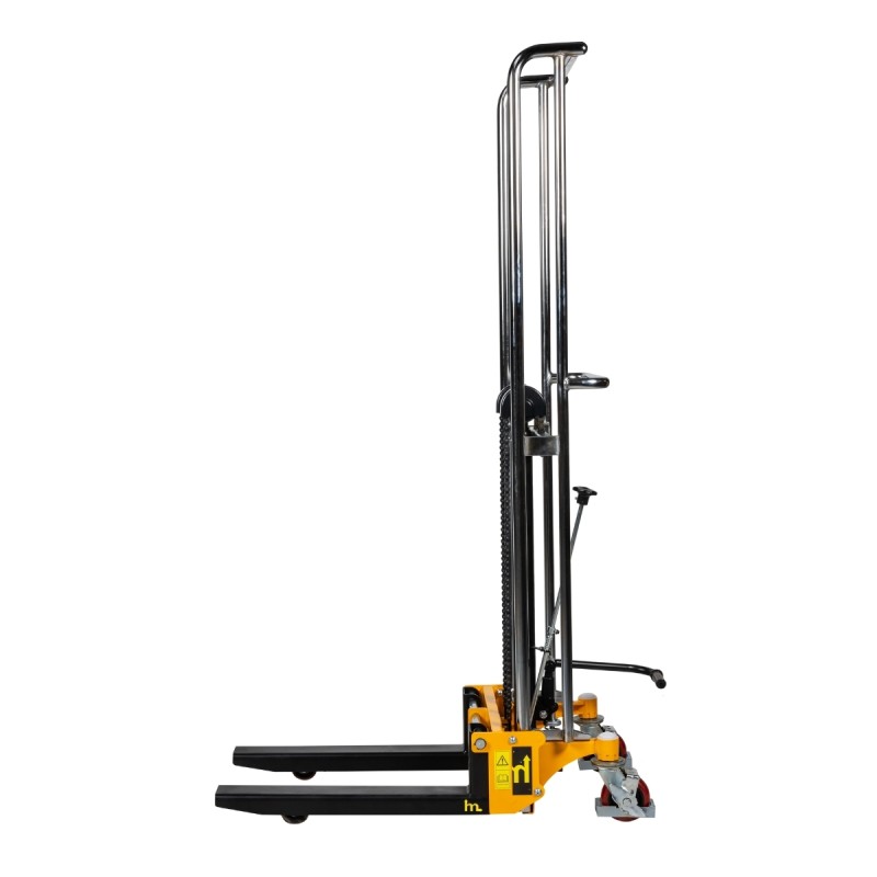 Vista de perfil del apilador manual 400kg 1700mm horquillas bajas