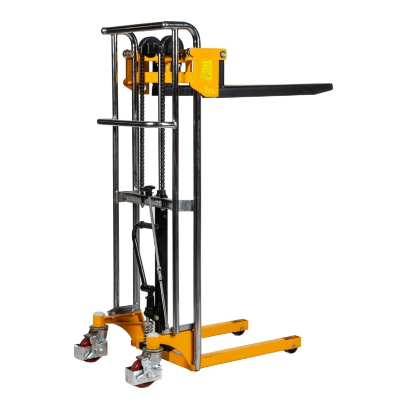 Vista delantera de 3/4 del apilador manual 400kg 1300mm con horquillas altas