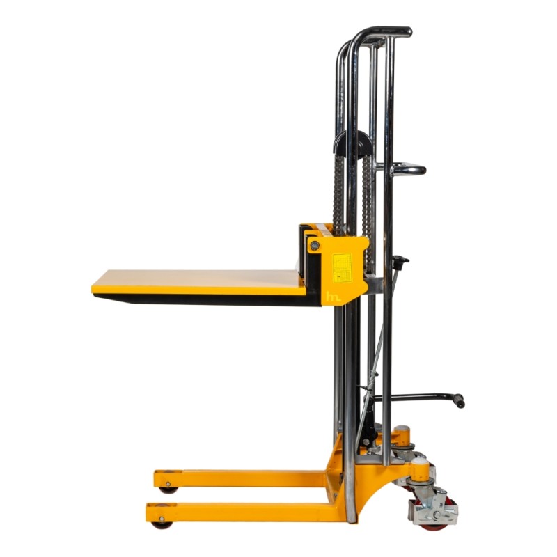 Vista de perfil del apilador manual 400kg 1300mm con plataforma medio-alta