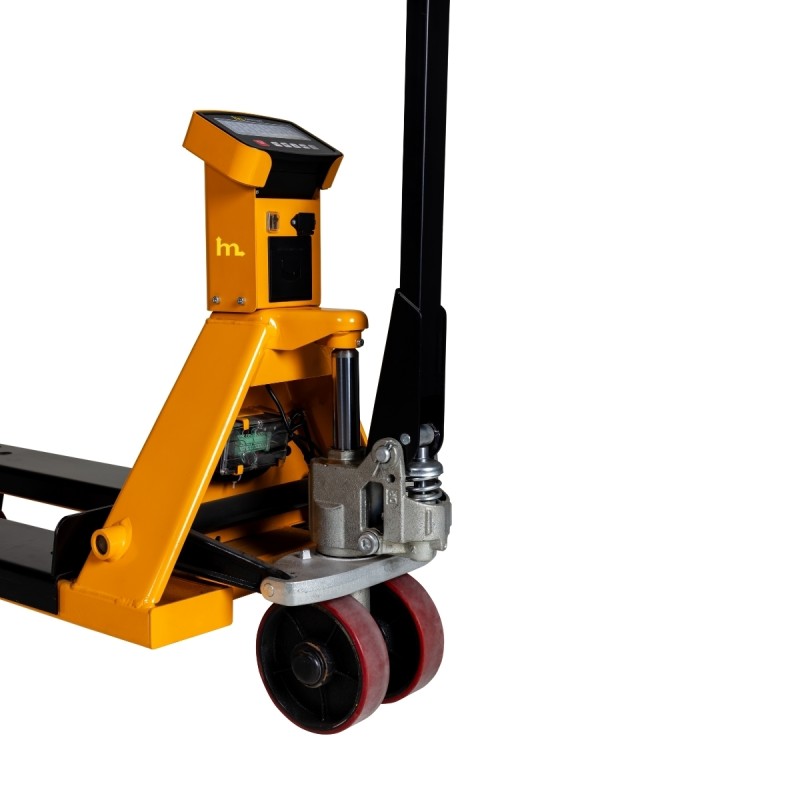 Zoom sobre la rueda de timón de la Transpaleta pesadora 2000kg con impresora