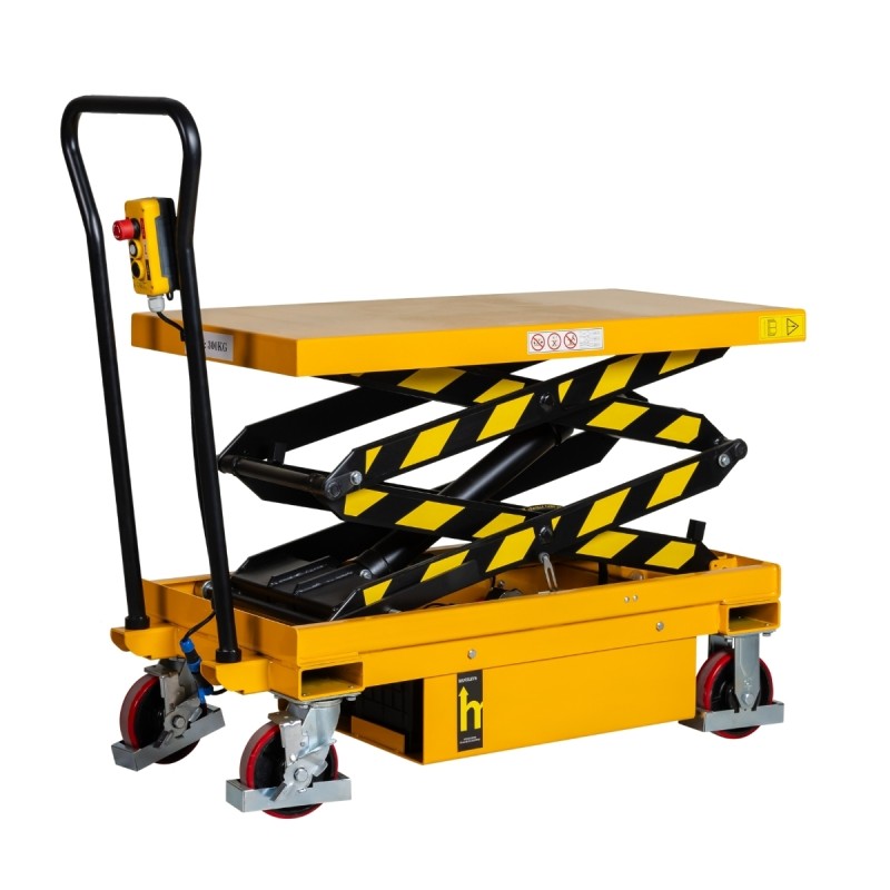 Vista desde 3/4 de la Mesa elevadora 300 kg - plataforma: 1010x520 mm media-alta