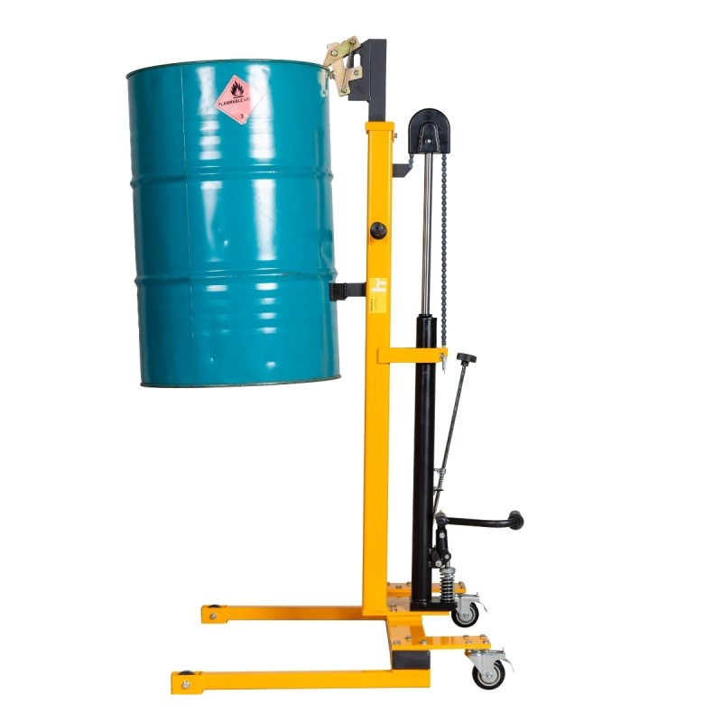 Vista de perfil del Elevador de barril perfil bajo 300 kg con un barril alto