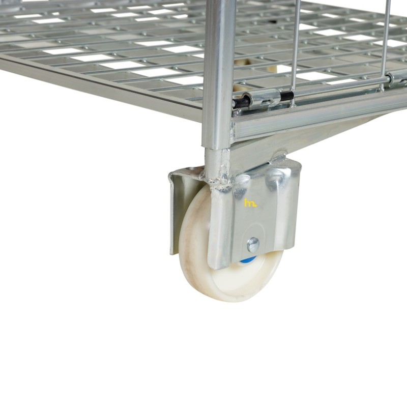 Zoom sobre la rueda de nylon delantera del Roll container 2 laterales