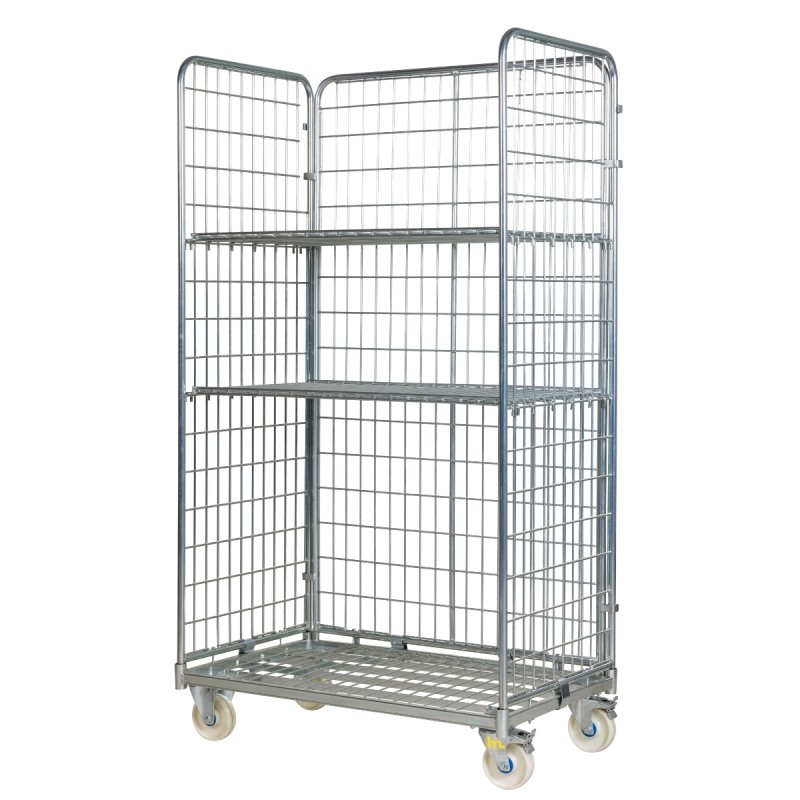 Roll container 3 laterales 1000 mm con 2 estantes y ruedas de nylon