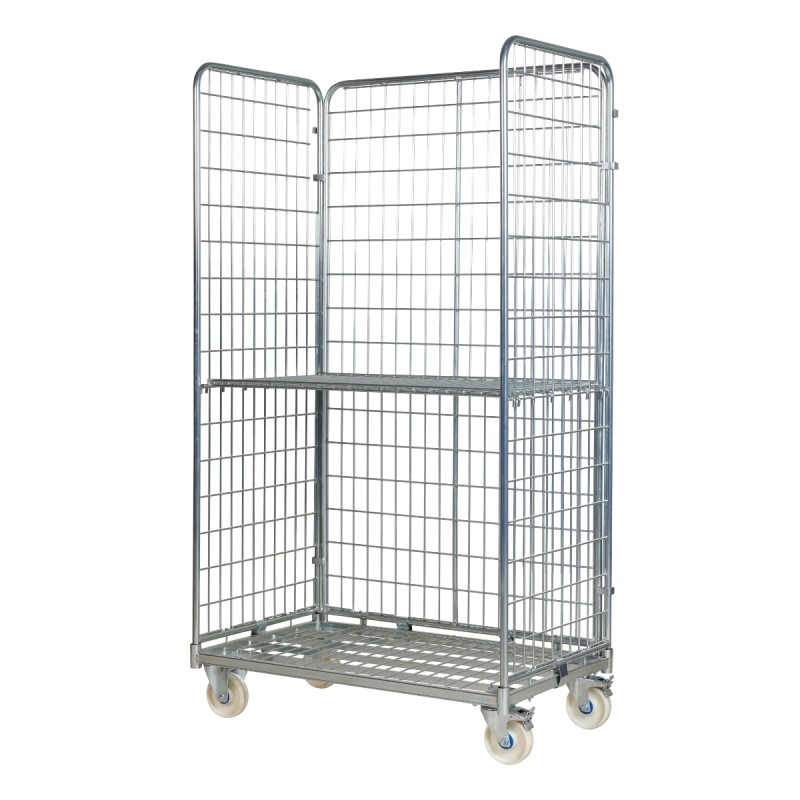 Roll container 3 laterales 1000 mm con un estante y ruedas de nylon