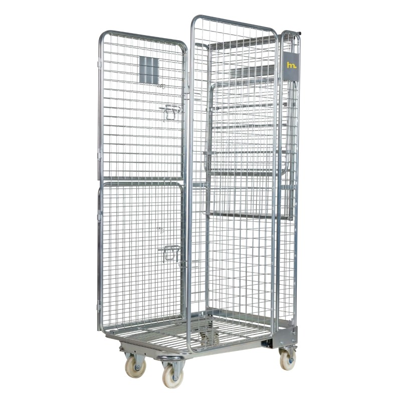 Roll container de seguridad 4 laterales con ruedas de nylon con puertas abiertas y techo plegado