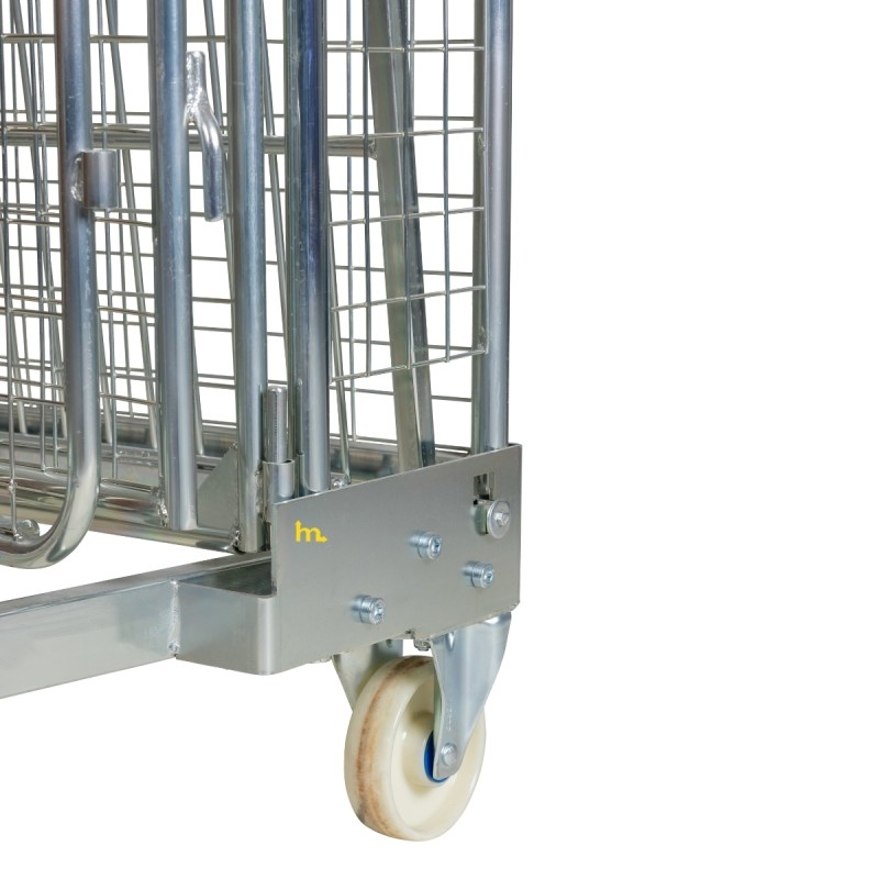 Zoom sobre la rueda de nylon del Roll container antirrobo 4 laterales