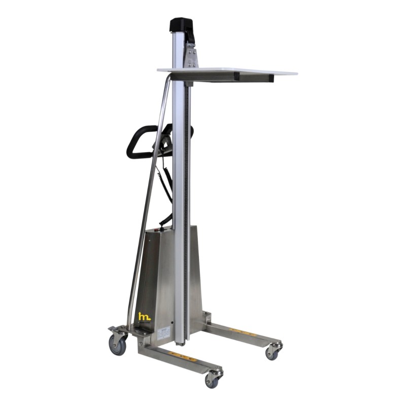 Vista de perfil del apilador Semieléctrico INOX 150 kg Posicionador de Trabajo en máxima elevación