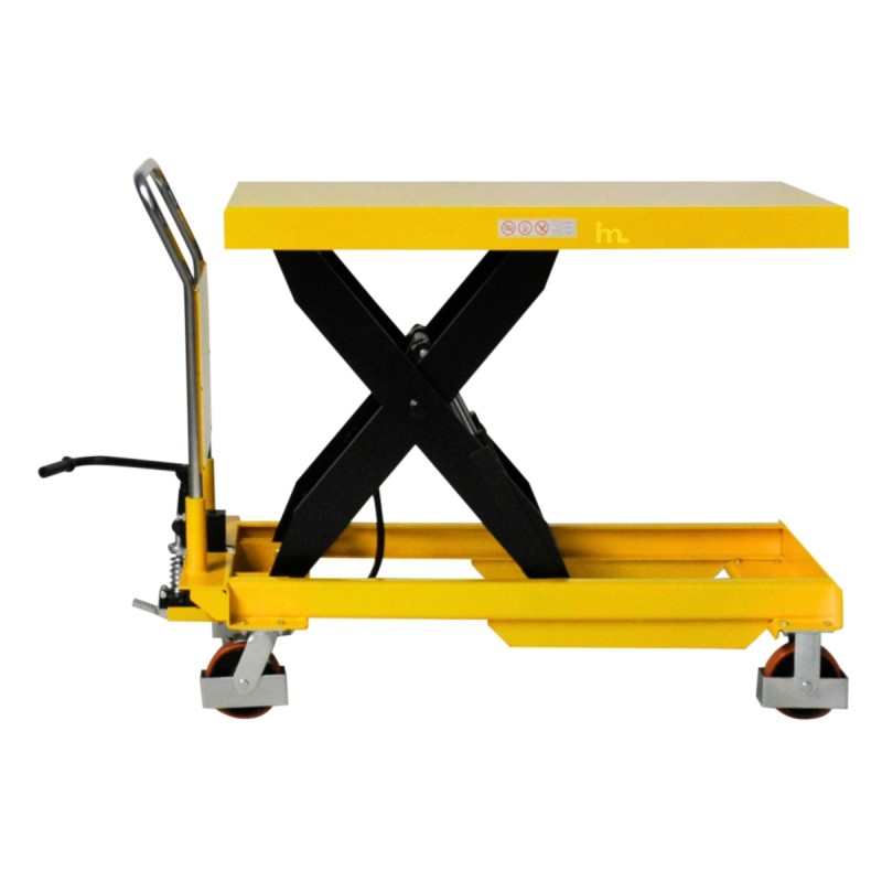 Vista de perfil de la Mesa elevadora 1500 kg - plataforma: 1220x610 mm completamente elevada