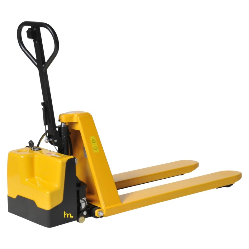 Vista trasera de la transpaleta elevadora eléctrica bicilíndrica Elevación 800 mm con horquillas bajadas