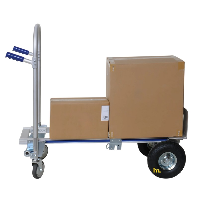 Carrello/piattaforma in alluminio 2 posizioni - 200 kg - ruote pneumatiche - in posizione carrello di transporte con cartoni