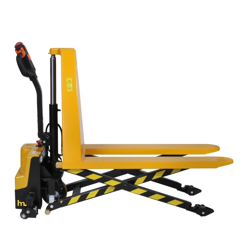 Vista de perfil de la Transpaleta elevadora totalmente eléctrica monocilíndrica con las horquillas pooc elevadas