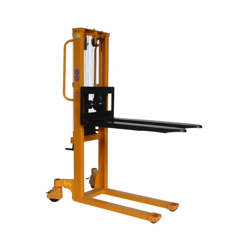Vista en 3/4 del apilador manual con manivela 1000 kg – Elevación 1500 mm