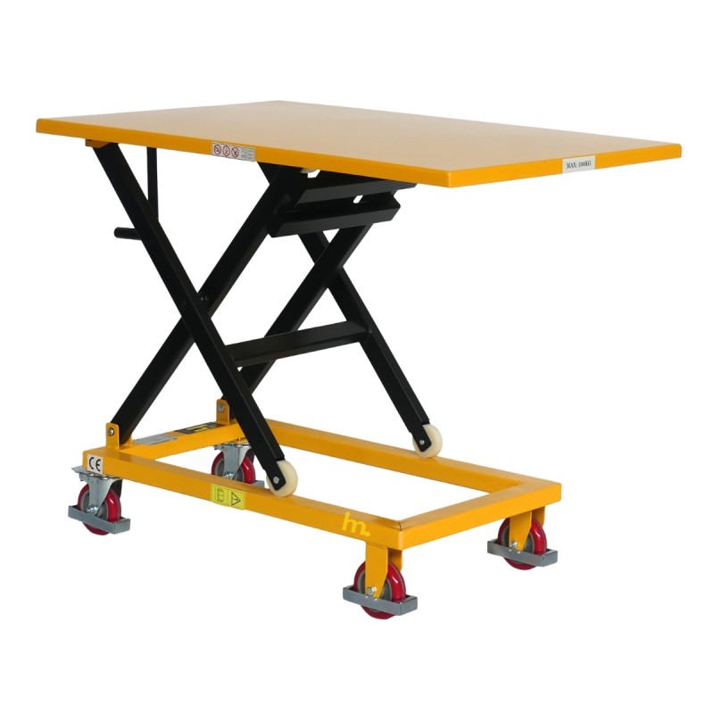 Vista en 3/4 de la mesa elevadora con manivela 300 kg plataforma 1150 x 750 mm