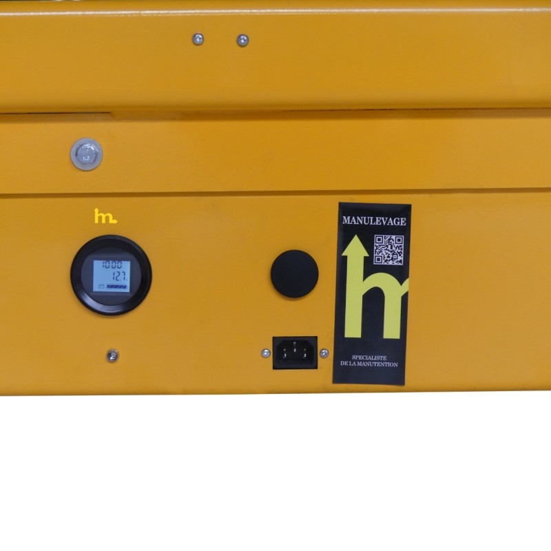 Vista frontal de la mesa elevadora móvil semieléctrica 1000 kg - plataforma: 1200 x 800 mm