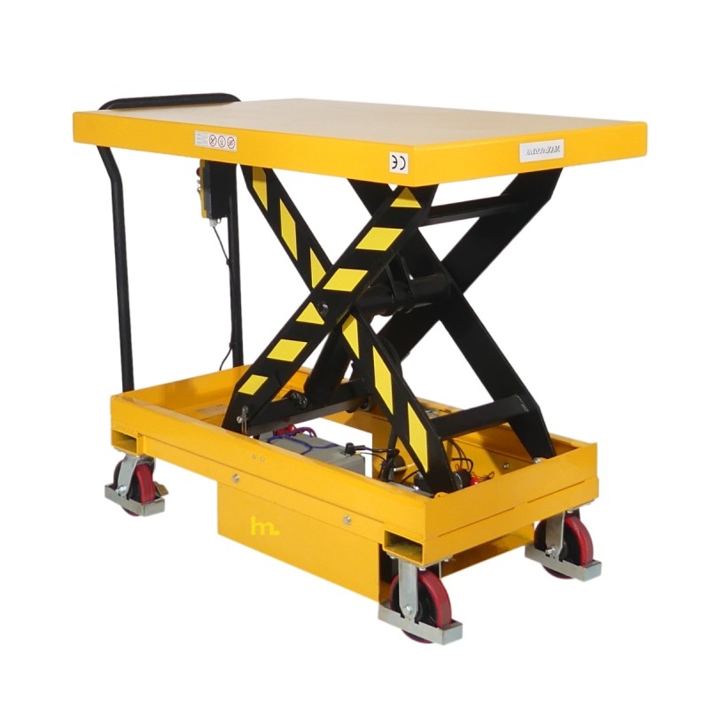 Vista en 3/4 de la mesa elevadora semieléctrica móvil 500 kg - plataforma: 1200 x 800 mm