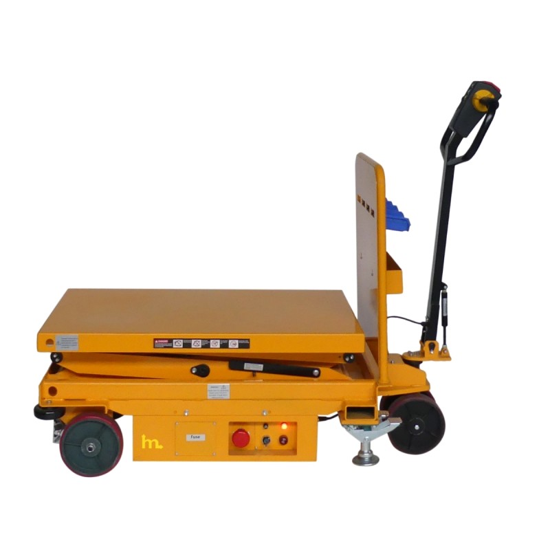 Vista lateral de la mesa elevadora eléctrica móvil doble tijera 500 kg - Plataforma 1020x610 mm
