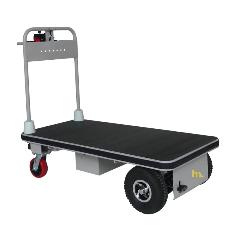Vista frontal en 3/4 del carro de plataforma motorizado bandeja 1280 x 630 mm - 400 kg