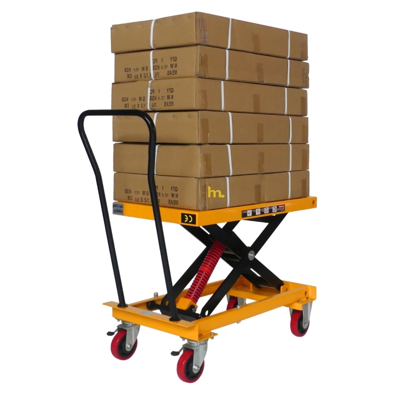 Vista trasera en 3/4 de la mesa elevadora manual con nivel constante 210 kg - Plataforma 815x500 mm