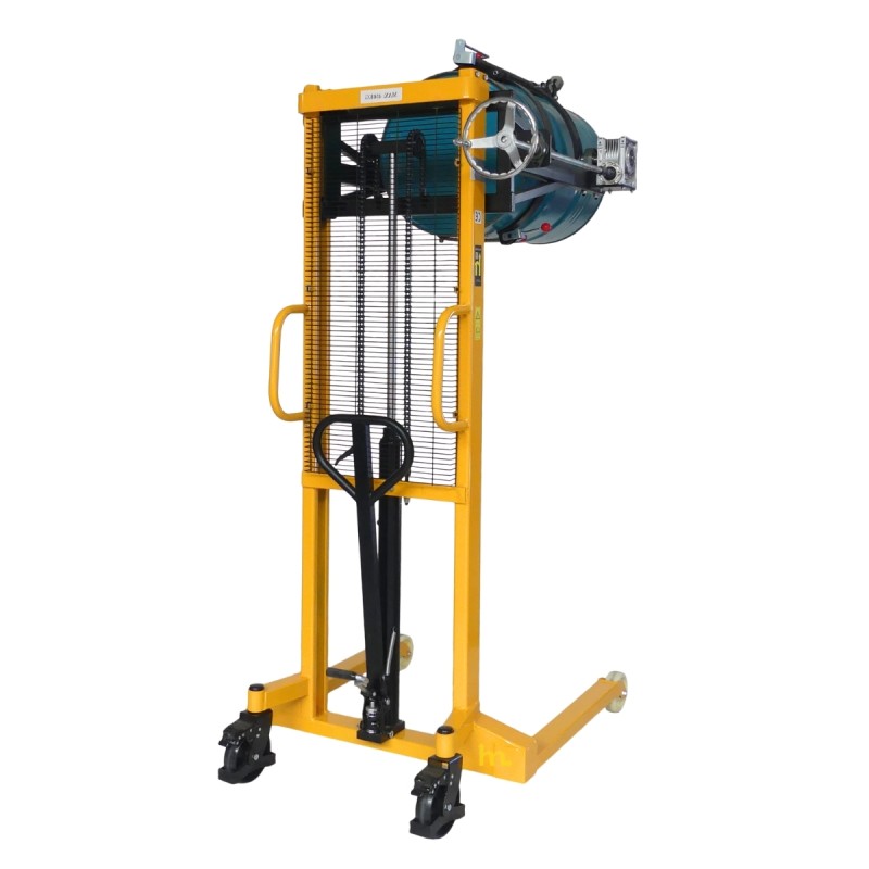 Vista trasera en 3/4 del apilador Volteador De Bidones 450 Kg -  Uñas separación 850 mm para palets - Elevación 1600 Mm