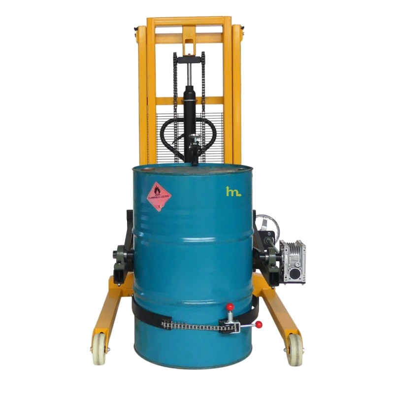 Vista frontale con bidon del sollevatore ribaltatore di fusti 450kg - forche distanza 850 mm per pallet - sollevamento 2100 mm