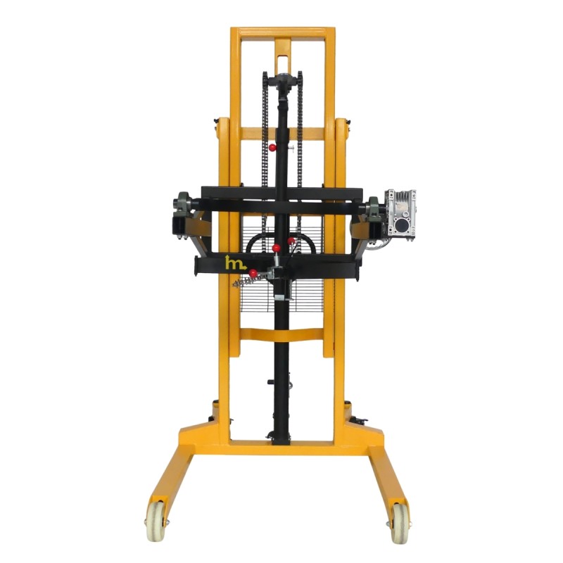 Vista frontale del sollevatore ribaltatore di fusti 450kg - forche distanza 850 mm per pallet - sollevamento 2100 mm