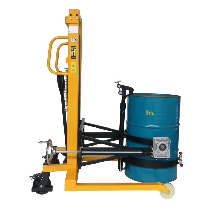 Vista laterale del sollevatore ribaltatore di fusti 450kg - forche distanza 850 mm per pallet - sollevamento 2100 mm