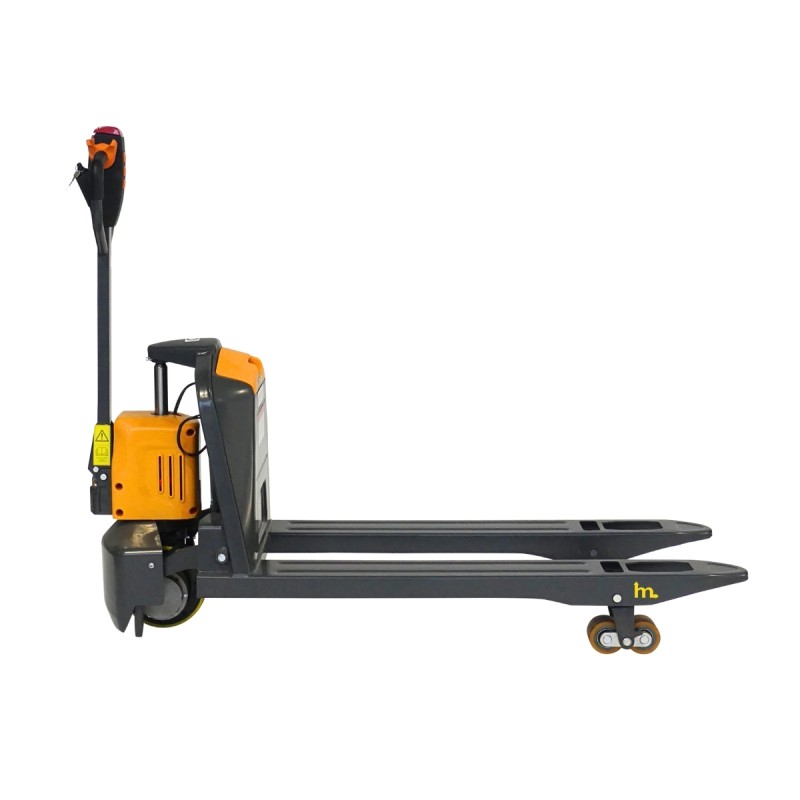 Vista de perfil de la transpaleta eléctrica 1500 kg - horquillas de 1150 mm - batería de litio de 20 Ah