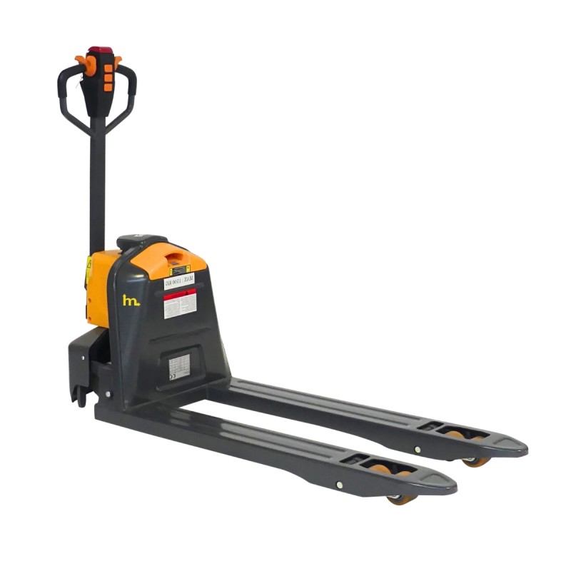 Vista en 3/4 de la transpaleta eléctrica 1500 kg - horquillas de 1150 mm - batería de litio de 20 Ah
