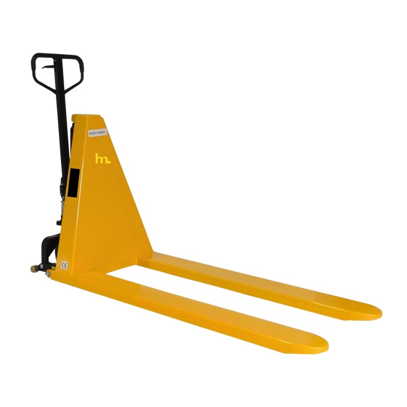 Vista en 3/4 de la transpaleta elevadora manual monocilíndrica 1000 kg - Horquillas largas 1500 mm