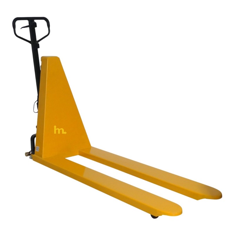Vista trasera en 3/4 de la transpaleta elevadora semieléctrica 1000 kg - Horquillas largas 1500 mm